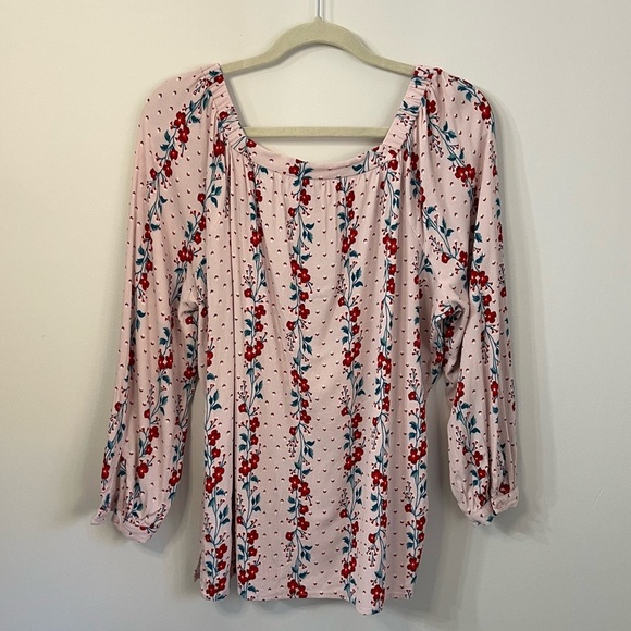 Old Navy Relaxed Baby Pink Floral-Print Boho Square Neck Blouse - Sz L Spring - Picture 3 of 6